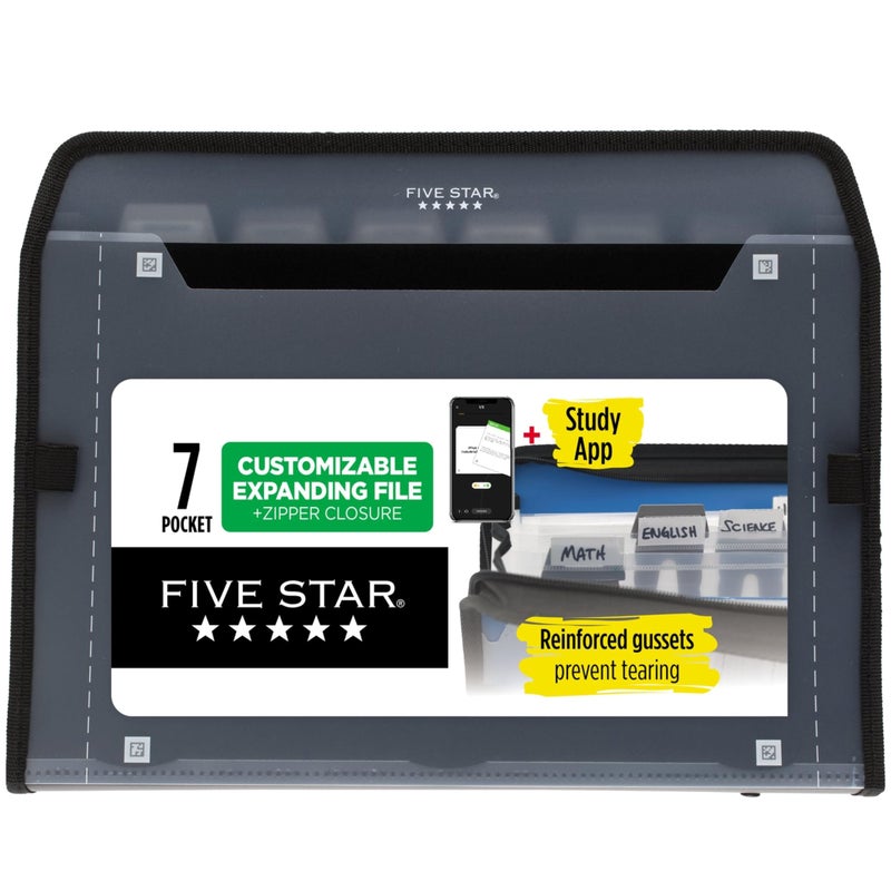 Five Star 7 Pocket Expanding File Organizer, Plastic Expandable File Folders with Customizable Tabs & Clear Cover, Holds 11" x 8-1/2", Zipper Closure, Black (72709) - Image 1